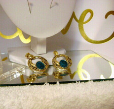 PIERCED EARRINGS-Drop Dangle Gold Tone Emerald Green Accents Vintage