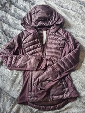 Lululemon Down For It All Jacket UK 8 Burgundy Goose Down Hooded Puffer Running