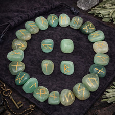 Green Jade Rune Stones Set 25 Engraved Gemstone Runes Natural Crystal