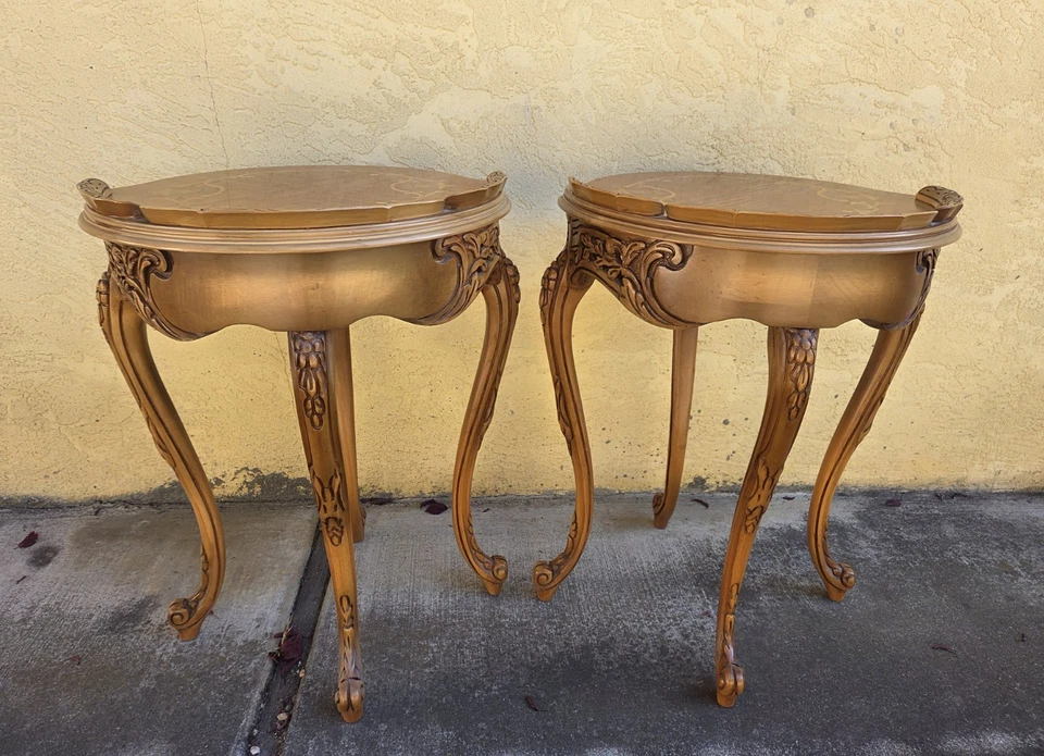 Antique Carved Walnut Side Lamp Table with Floral Inlay & Cabriole Legs - Image 2 of 4