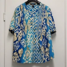 Denim 24/7 Womens Top 30W Plus Popover Henley Boho Short Sleeve Geometric Print