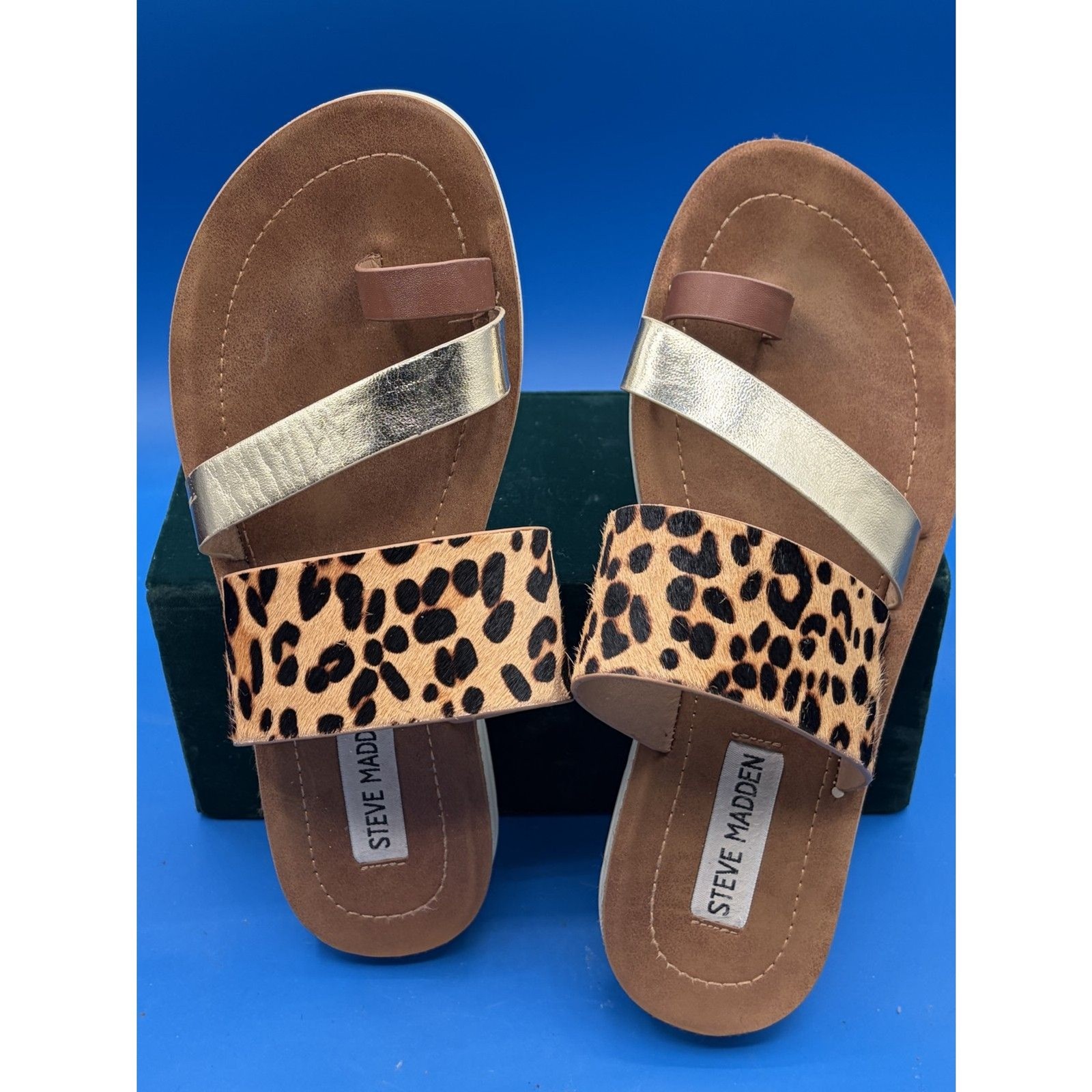 Steve Madden leopard and gold slide sandals with diagonal strap size 6.5