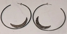 Large Hoop Earrings w/ Cresent Moon 925 Sterling Silver 2  1/4" 