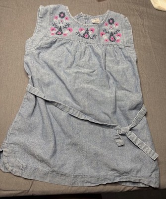 Carter's Girls Size 5 Blue Denim Floral Embroidered A-Line Belted Dress