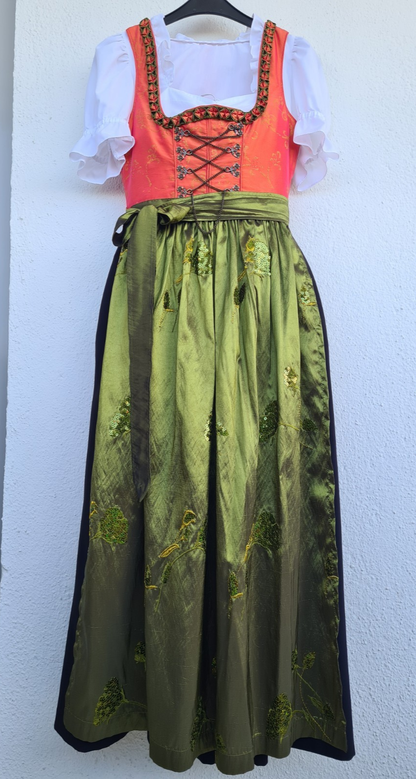 C&A Dirndl 34 orange, lang Bluse Schürzen Pailletten