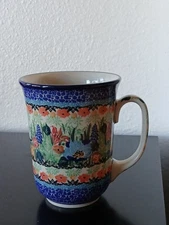 CA Unikat Polish Pottery Bistro Mug Signed T. Liana Ceramika Artystyczna Birds