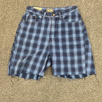 Express Jeans Shorts Womens 9/10 (27x6) Blue Plaid 100% Cotton Denim Cut Off