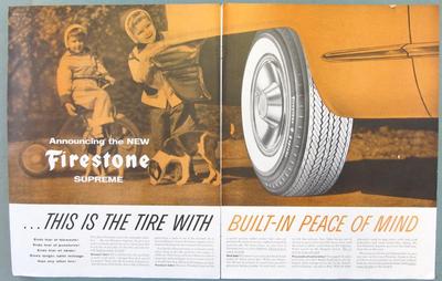 21 x 13.5 Original 1956 Firestone Ad TIRE WITH BUILT IN PEACE OF MIND