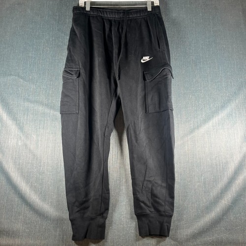 Nike Mens Club Cargo Pants Size M Black Fleece Lined Logo Tapered Leg Drawstring