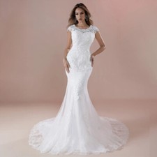 Boho Mermaid Wedding Dresses Scoop Neck Cap Sleeves Lace Appliques Bridal Gowns