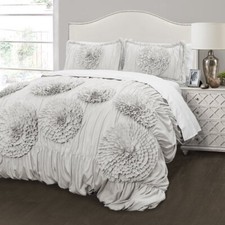 Solid Gray Grey Ruffled Floral Ruched 3 pc Comforter Set Full Queen King Bed