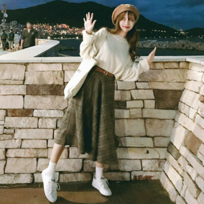 Lady Lattice Stripe with Belt Flared Pleated Skirt Midi Casual Tartan  Skirts New