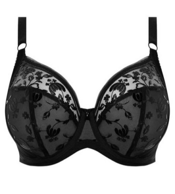 Elomi Roxanne Black Plunge Bra UK 34HH Underwired Unpadded Sheer Vinyl Look Sexy