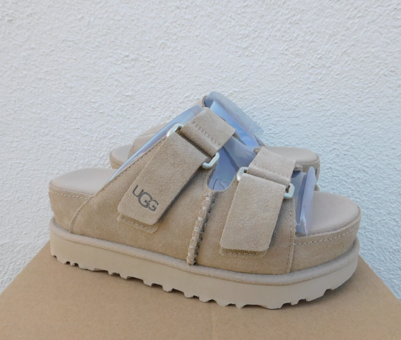 SANDALI SLIDE UGG SABBIA SCAMOSCIATA GOLDENS HI PLATFORM DONNA US 11 EUR 42 ~NUOVI