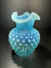 Vintage 5-1/2" Tall Fenton Hobnail Opalescent Blue Ruffled Vase loc 4760