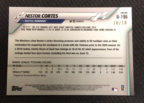 Topps 2020 actualización cromada Sapphire Nestor Cortes novato refractor púrpura 10/10 - Imagen 2 de 2