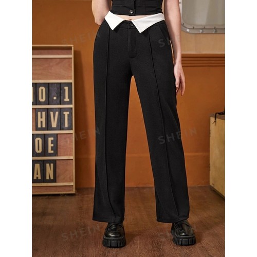 SHEIN MOD Contrast Foldover Waist Straight Leg Hose in Schwarz - Größe M