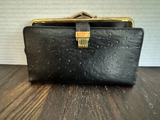 VinOstrich Calf Black Leather Wallet/Pocket Day Timer Clutch, With Closing Clasp