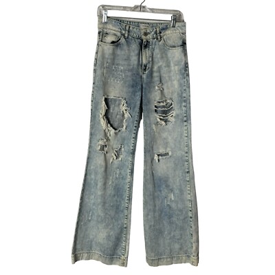 Uniq By Litz Rocker Distressed Jeans Wide Leg Light Wash