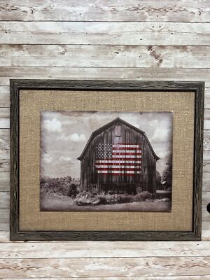 21x18 Framed USA American Flag Barn Rustic Wall Picture Burlap