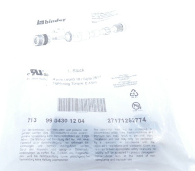 Binder 713 9904301204 4 pole /AWG 18/ Style 2517 Tightening Torque: 0.4Nm