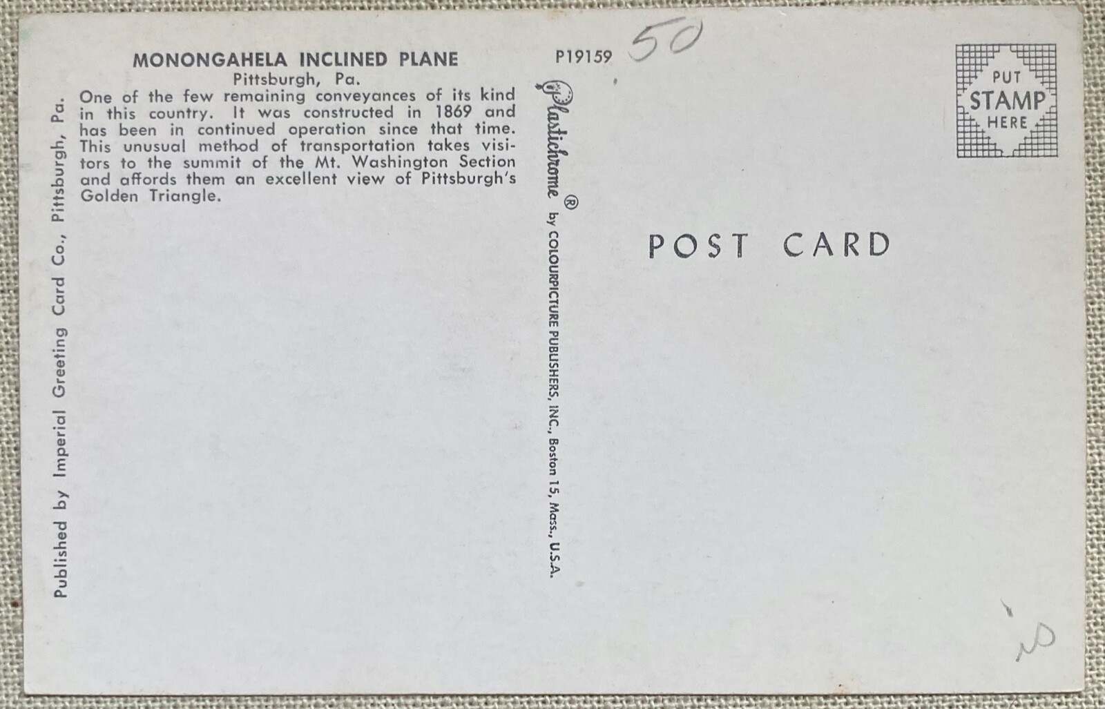Pittsburgh Pennsylvania PA Monongahela Inclined Plane Mt Washington Vtg Postcard Falak Tayyeb