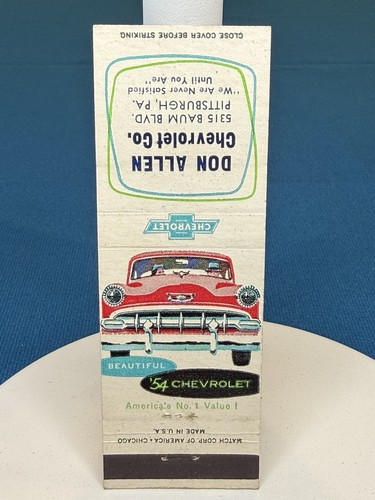 Don Allen Chevrolet Dealer Pittsburgh PA VTG 1954 Matchbook Cover #565