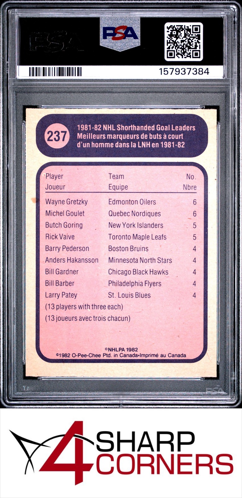 1982 O-PEE-CHEE SHORTHANDED GOAL LEADERS #237 WAYNE GRETZKY HOF PSA 9 view 2