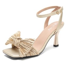 Peijely Womens Bow Knot Heeled Sandal Pleated Ankle Strap Square Toe Mid...
