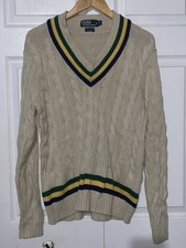 Polo Ralph Lauren Varsity Cricket Sweater Sz Medium V-Neck Cable Knit Rare