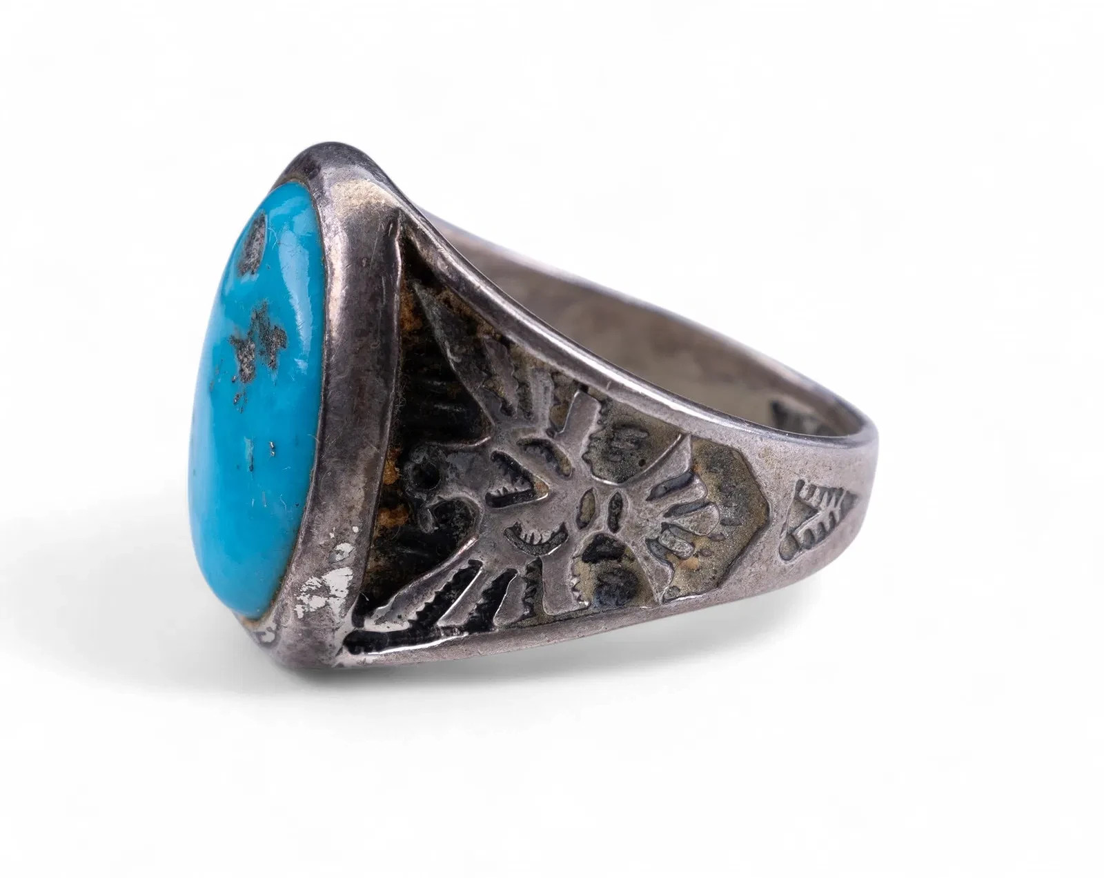 Signed Turquoise Native American Silver Ring - image 5