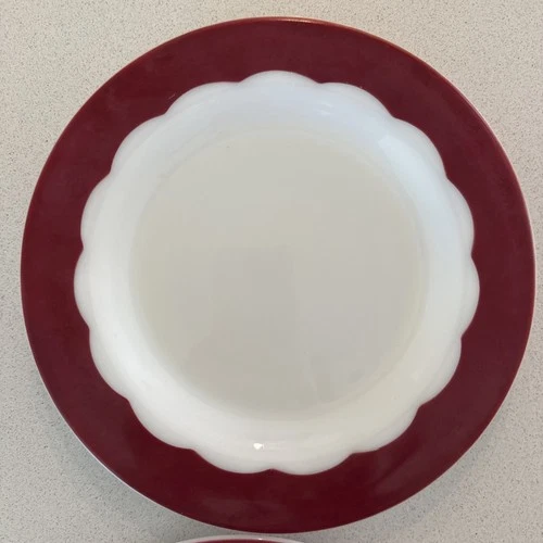 Two Corning/Pyrex Restaurant Milk Glass Red Scalloped Dinner Plates