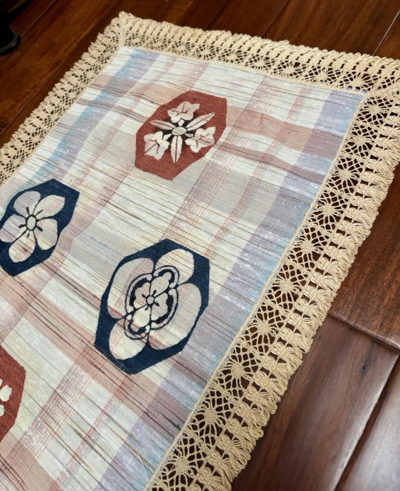 Japanese Table Runner Center Mat or Dresser Scarf Lace Trimmed 23” x 16”