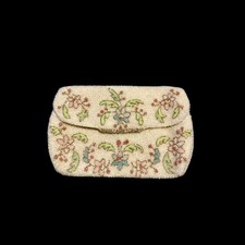 Vintage Beaded Clutch France Ivory Floral Seed Bead Evening Handbag Small Purse