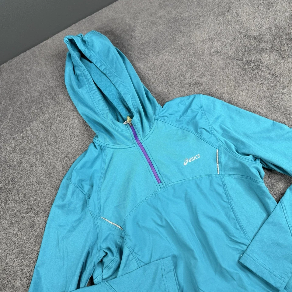 ASICS рубашка женщин большой синий 1/4 молнии работает отверстия для пальцев эластичной пуловер толстовка с капюшоном - Изображение 3 из 4