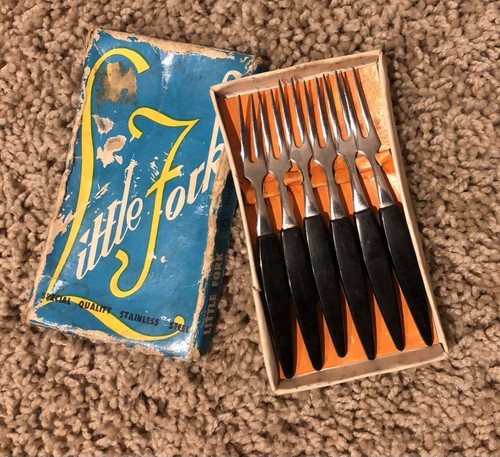 Vintage Little Fork 6 Cocktail Appetizer Party Forks Original Box 50s Black 