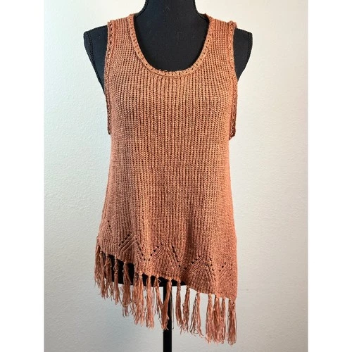 Boho Fringe Knit Large Tank Top Rust Brown Asymmetrical Hem Festival Boho Style