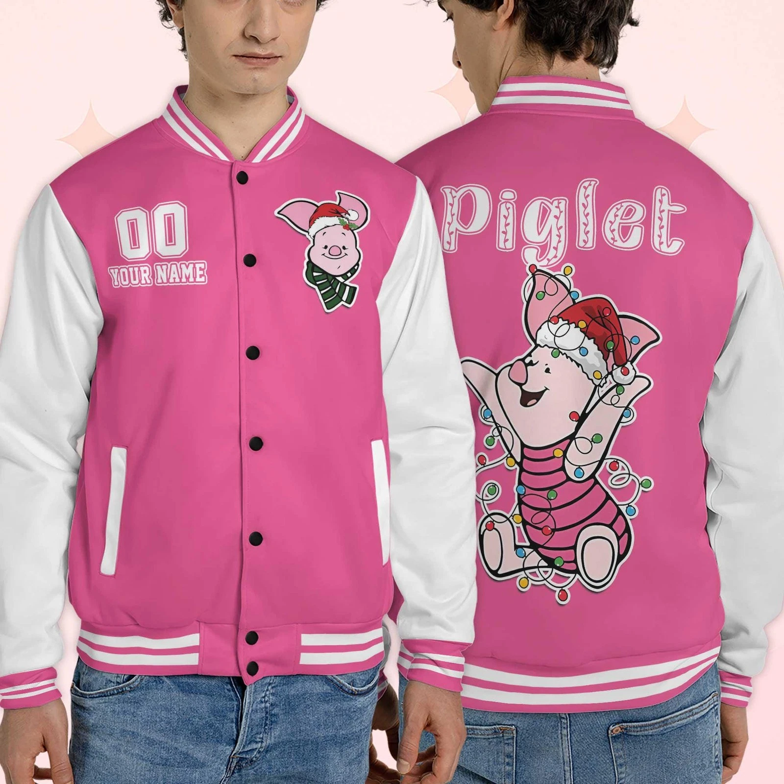 Personalized Piglet Santa Hat Christmas Lights Merry & Bright Baseball Jacket
