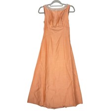 Vintage ILGWU Peach 60s Full Length Gown Small Embellished Pearl Bow Back Dress