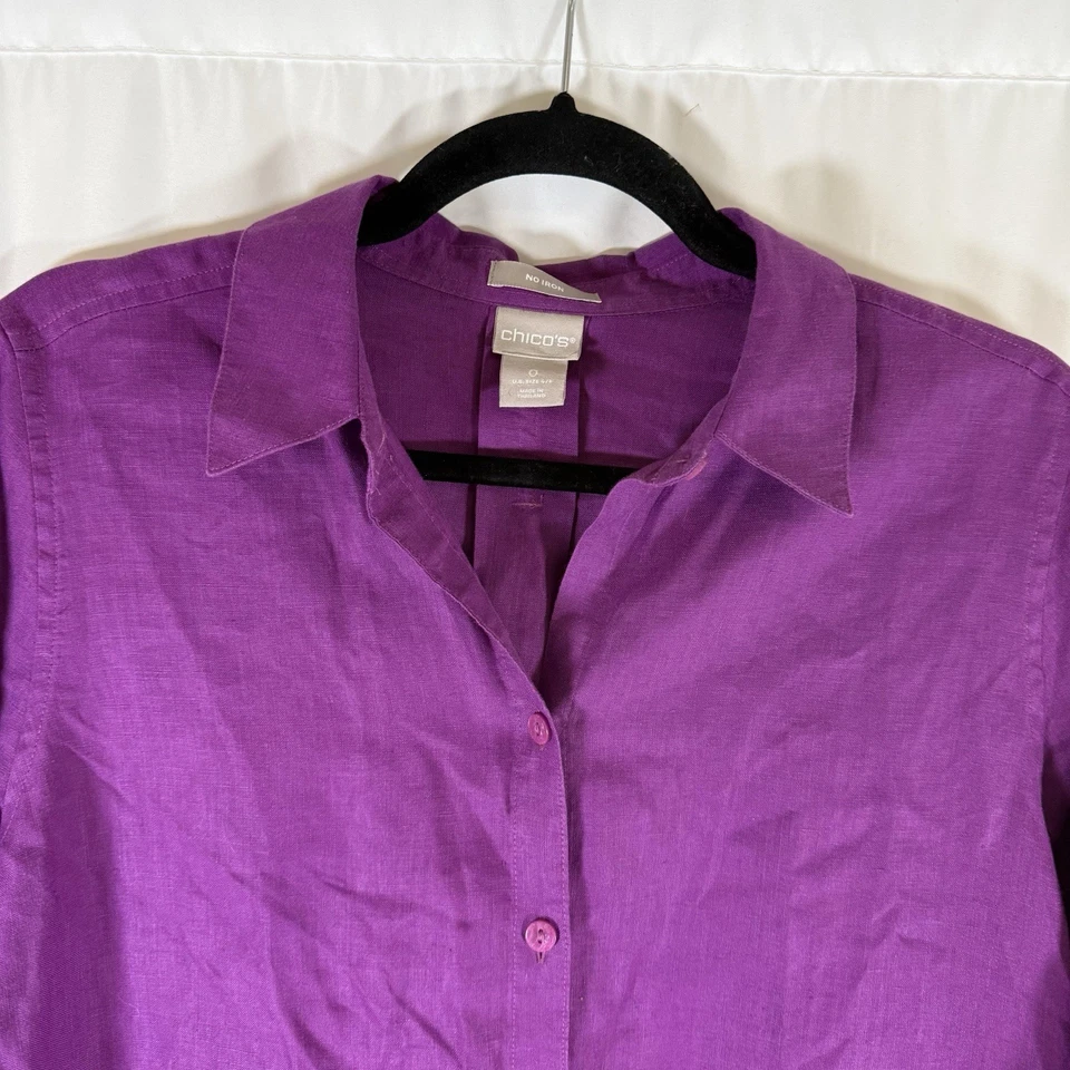 Blusa para mujer Chico's 100 % lino 0 4-6 púrpura abotonada manga 3/4 sin planchar Foto 2 de 4