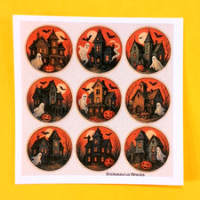 Halloween Haunted Houses Ghosts Bats Rounds Mini Sticker Sheet Style 2