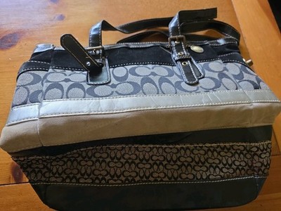 Coach Signature Striped Mixed Media Hand Bag Tote