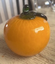 Fabulous 3.75" Murano-Style Hand Blown Art Glass Orange Fruit With Leaf in EUC