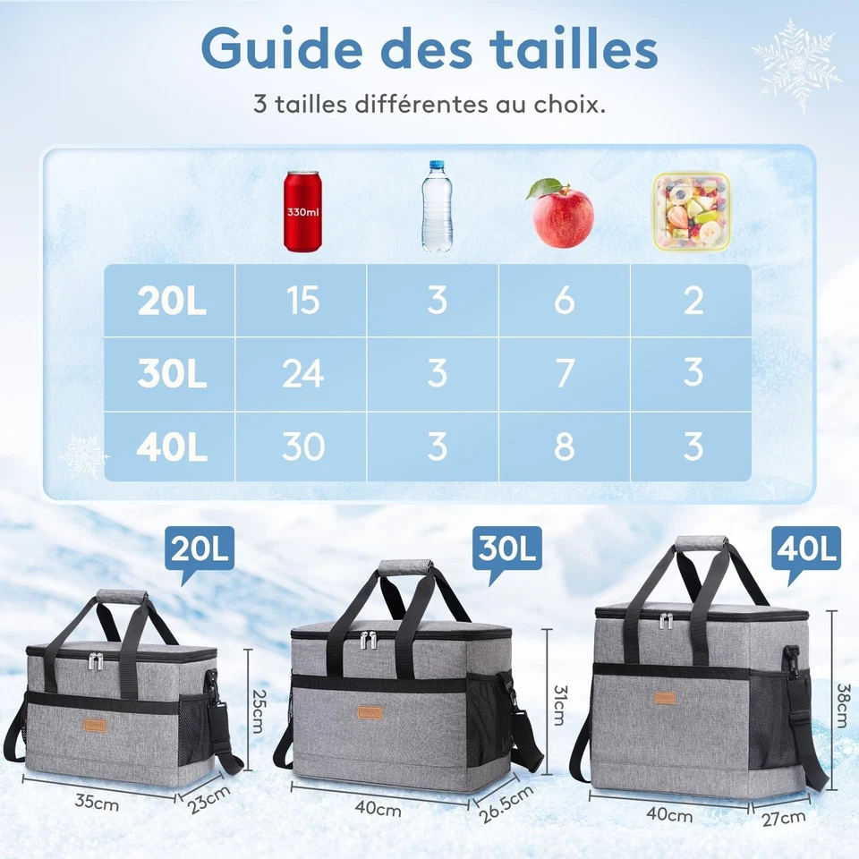 Sac isotherme 30L glacière souple Lifewit gris pique-nique camping - Photo 3/4
