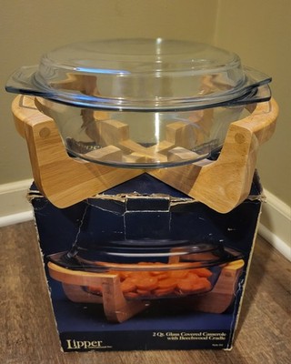 Ships In 1 Day! Vintage Lipper 2-Qt Glass Lidded Casserole Dish & Beechwood Base