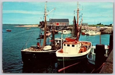 Vintage Cape Cod MA Fishing Boats in Harbor Postcard Buzzards Bay 1956 AA527