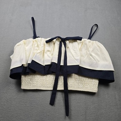 EB Luxe Los Angeles Womens Smocked Ruffle Crop Top Cream Navy Blue LARGE