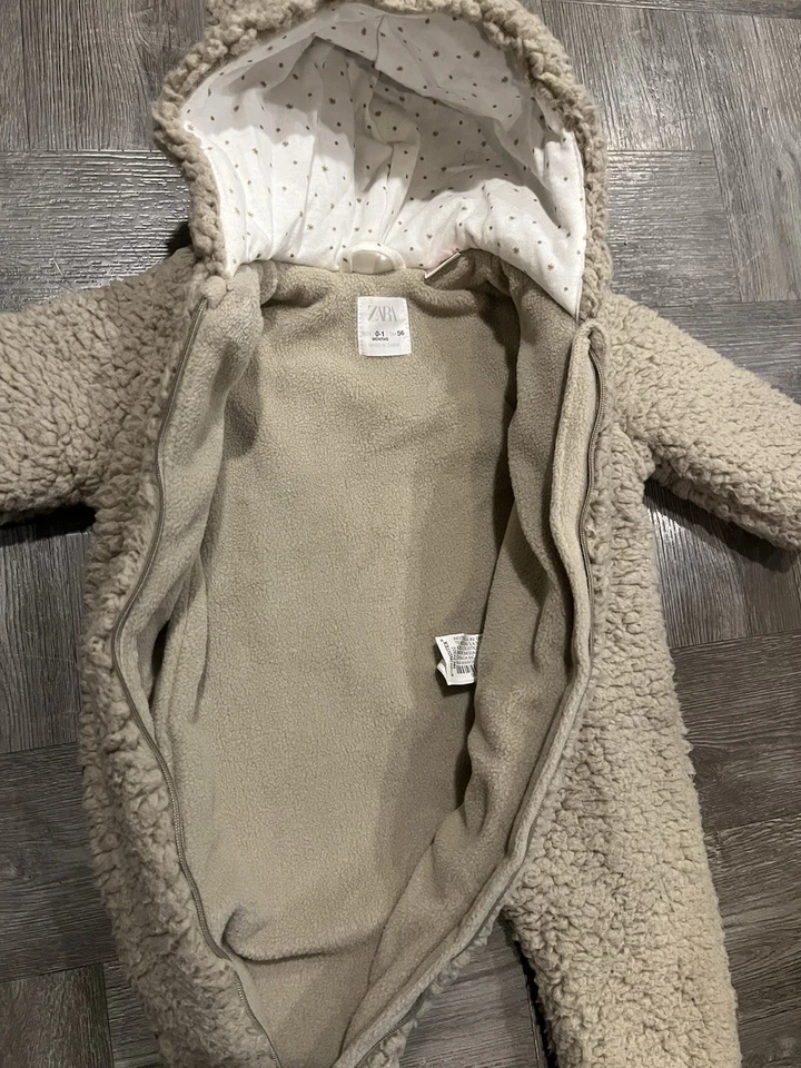 ZARA Baby супер мягкий уютный комбинезон костюм с капюшоном медведь уши 0-1 Mth младенца девочки мальчика - Изображение 3 из 4