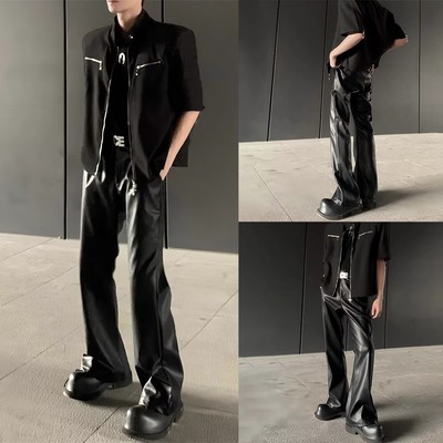 PU Leder Herren Freizeit Hose Loose Fit Hip Hop Wideleg Winddicht Ganzjährig