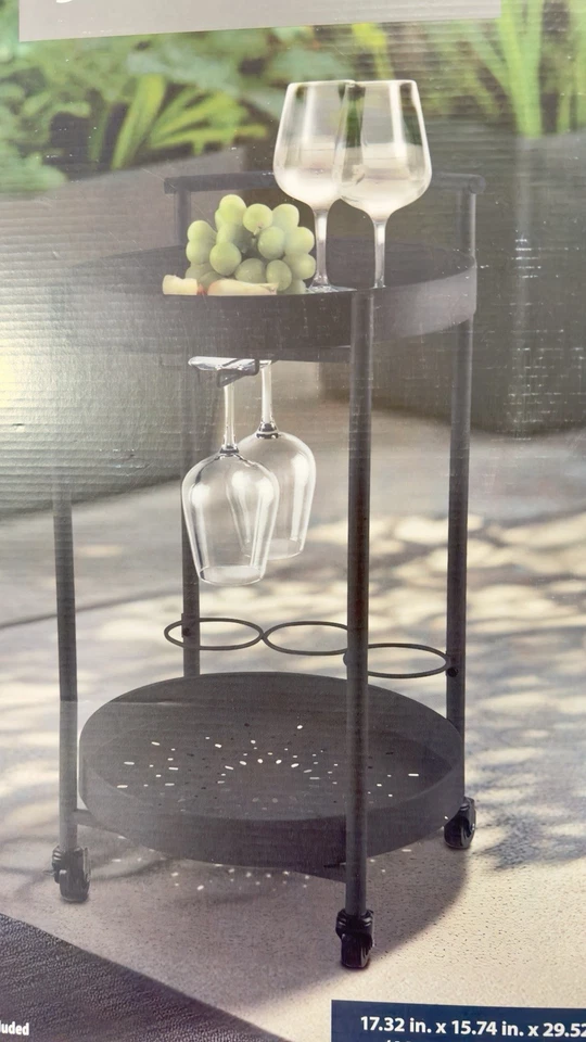Carro de barra negro carro de barra de 2 niveles con ruedas con estante para vinos y soporte para vidrio Foto 3 de 4
